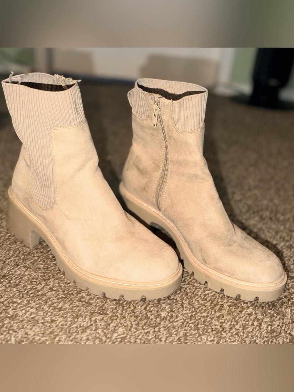 Women’s Beige Suede Ankle Boots - Chunky Sole